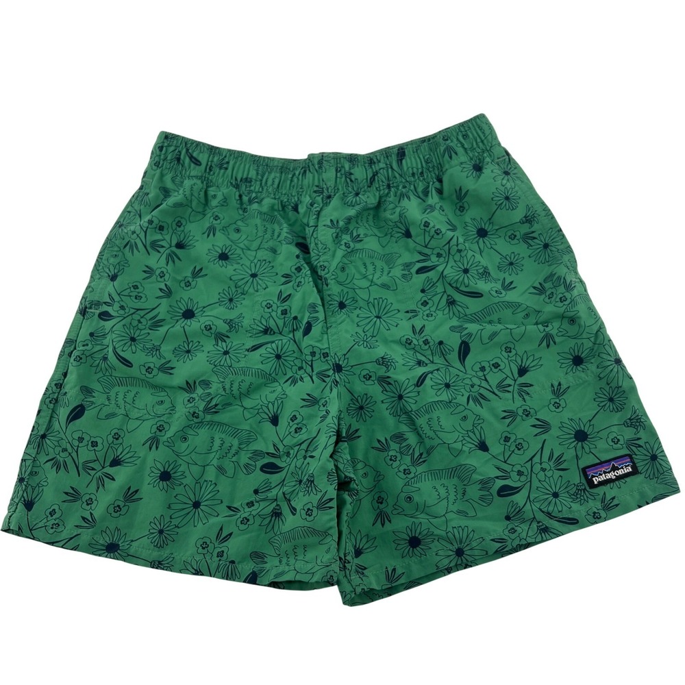 Patagonia Kids Green Fish Flower Print Elastic Shorts Sz XL (14) - Liner Removed